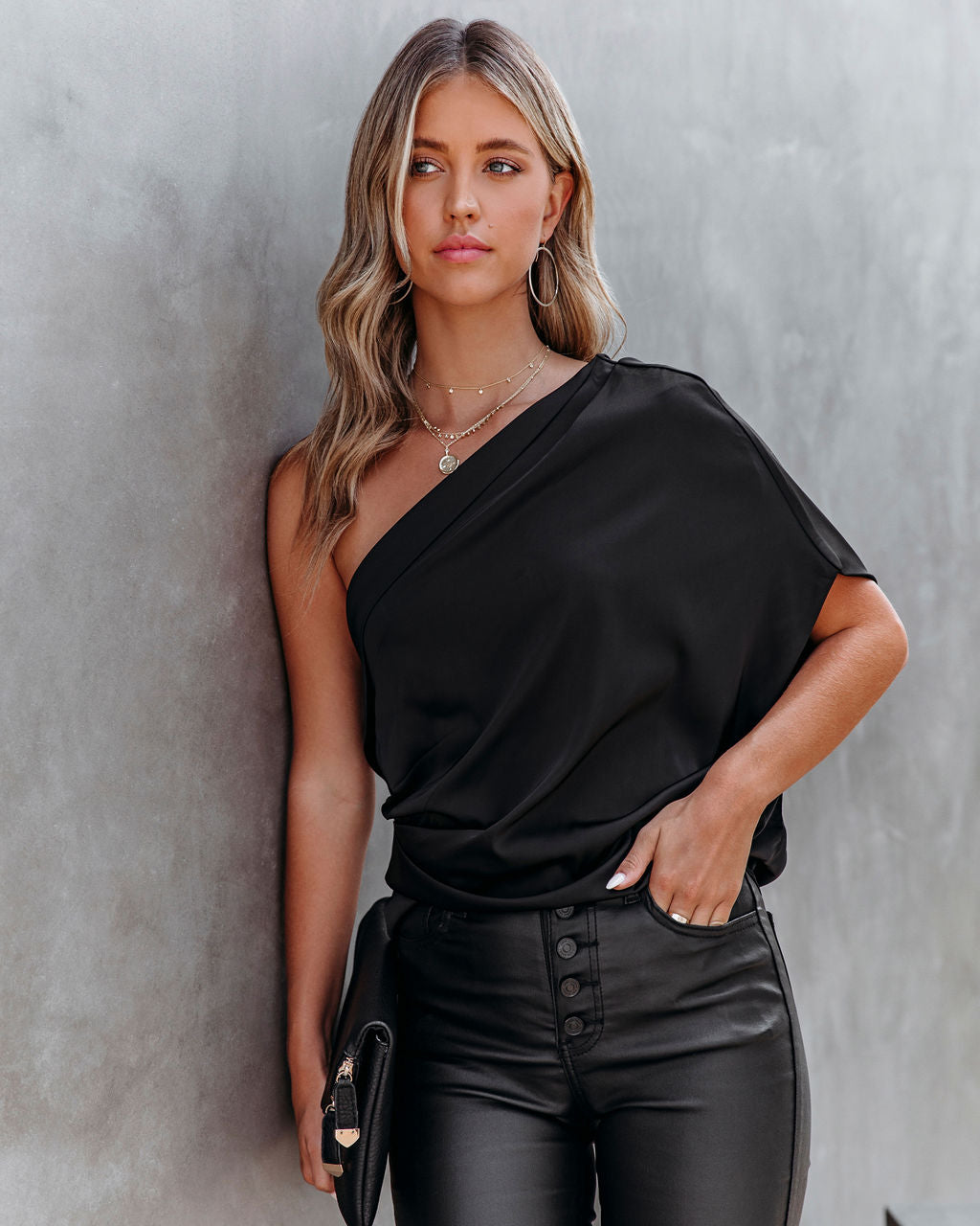 Janay Satin One Shoulder Drape Blouse - Black