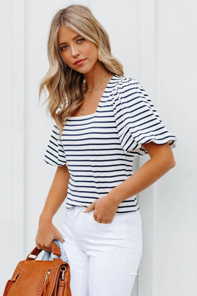 Kipton Cotton Blend Striped Puff Sleeve Top - Navy