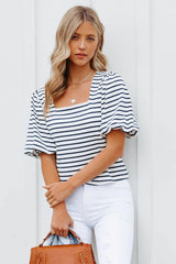 Kipton Cotton Blend Striped Puff Sleeve Top - Navy