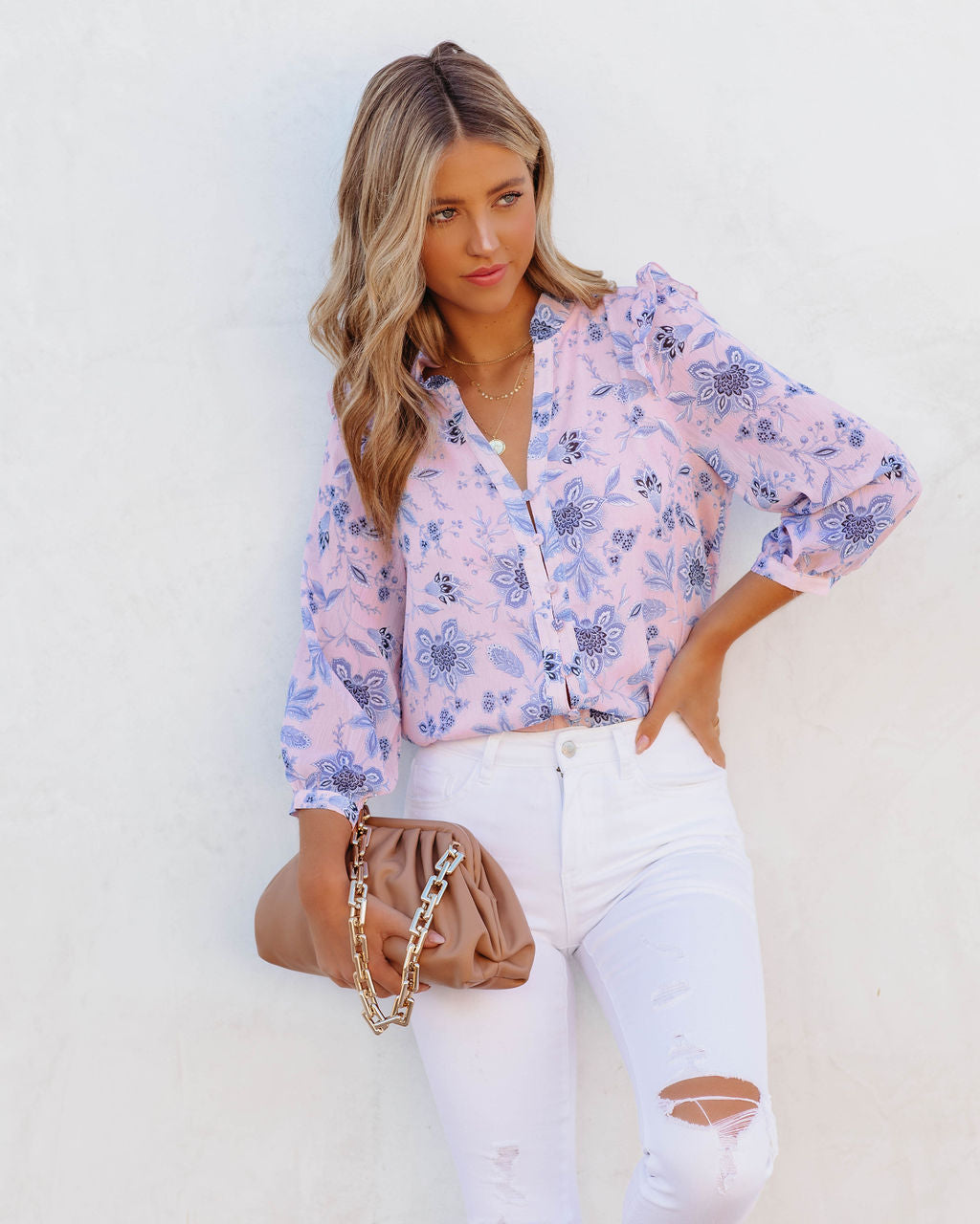 Light Of Day Floral Chiffon Button Down Blouse