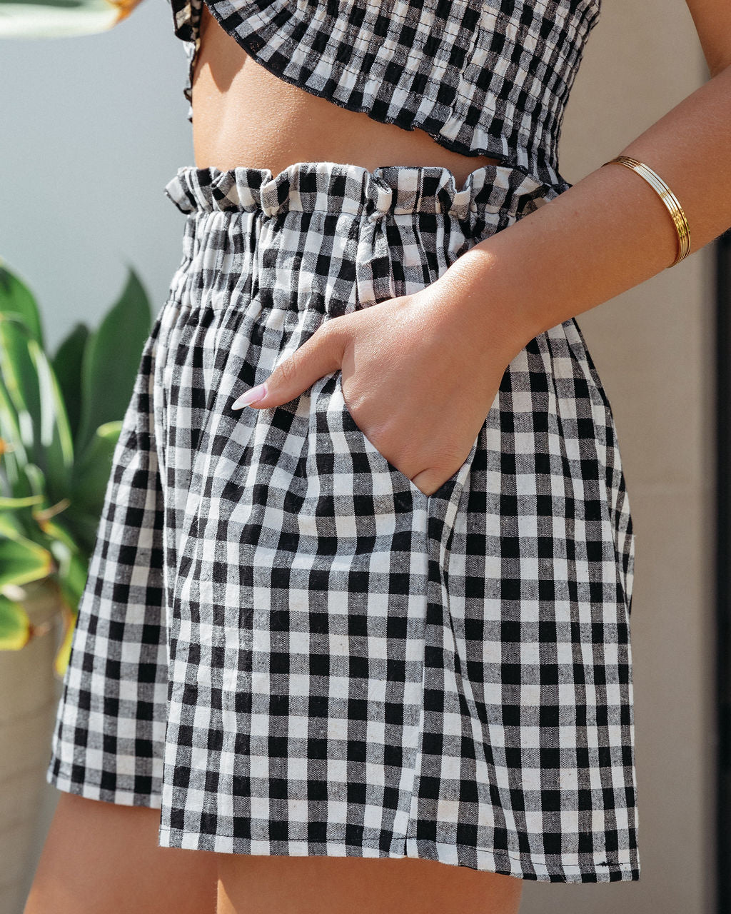 Loran Cotton Pocketed High Rise Gingham Shorts - Black - SALE