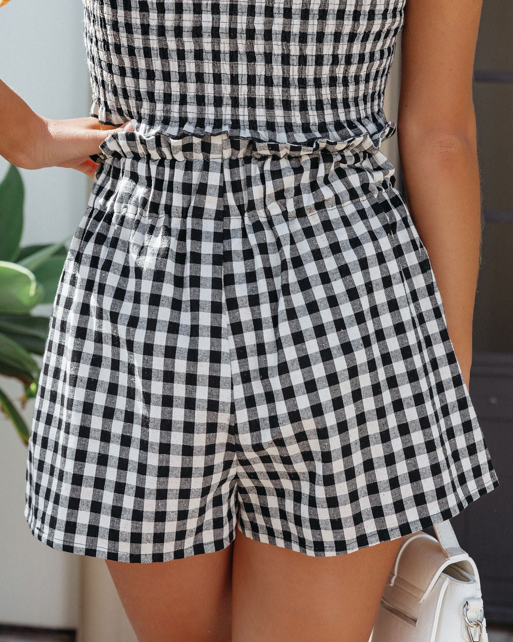 Loran Cotton Pocketed High Rise Gingham Shorts - Black - SALE