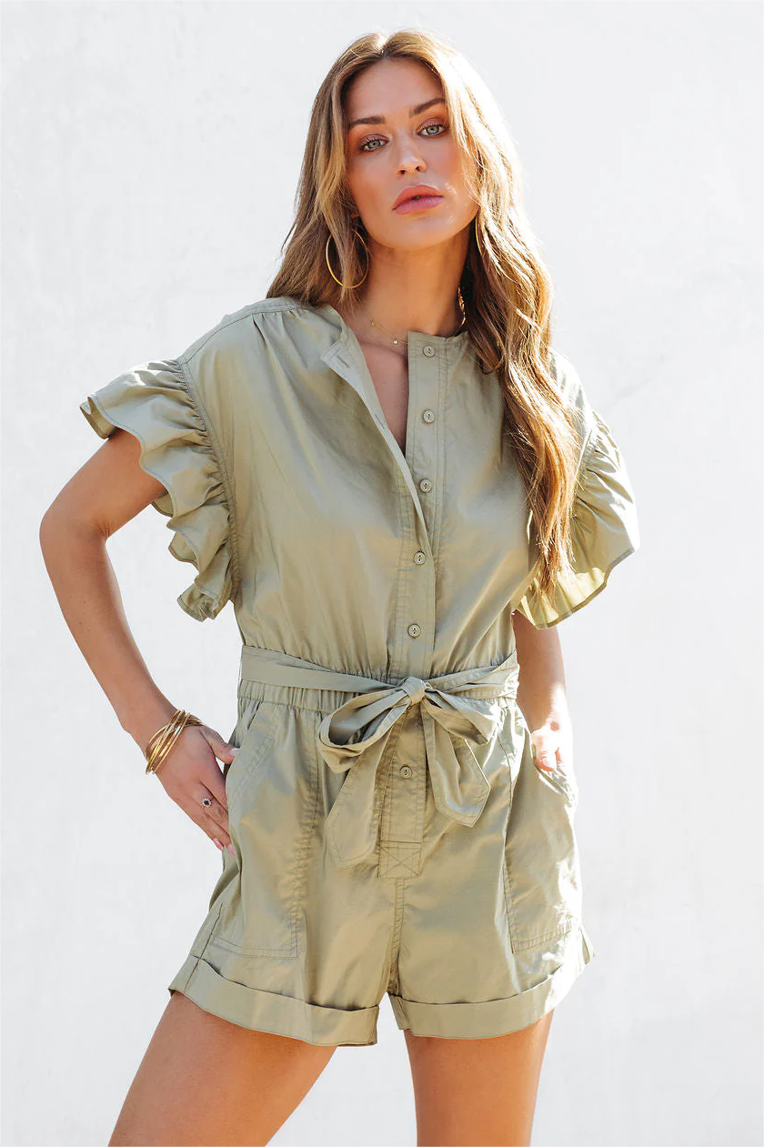 Marianne Ruffle Pocketed Romper - Olive