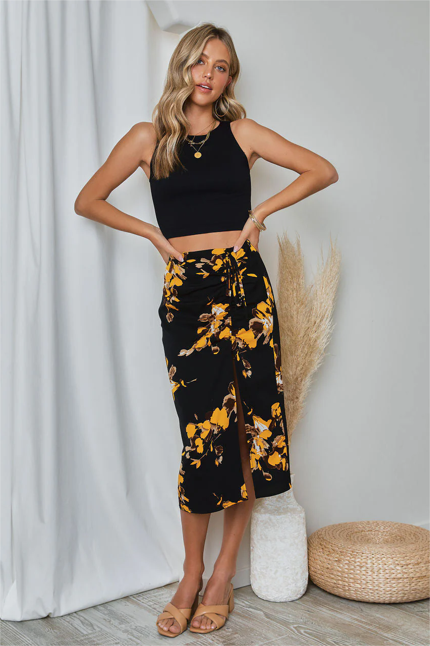 Miramar Floral Ruched Midi Skirt