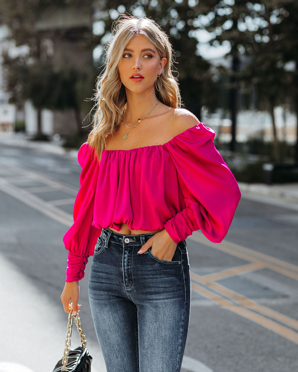 Negin Satin Billowed Crop Blouse - Magenta