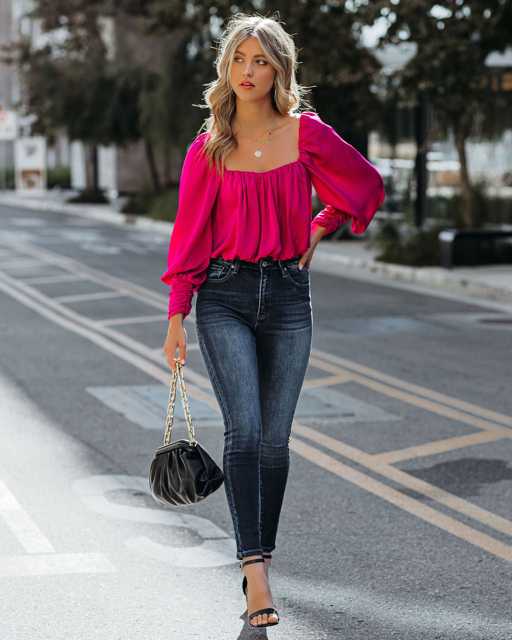 Negin Satin Billowed Crop Blouse - Magenta