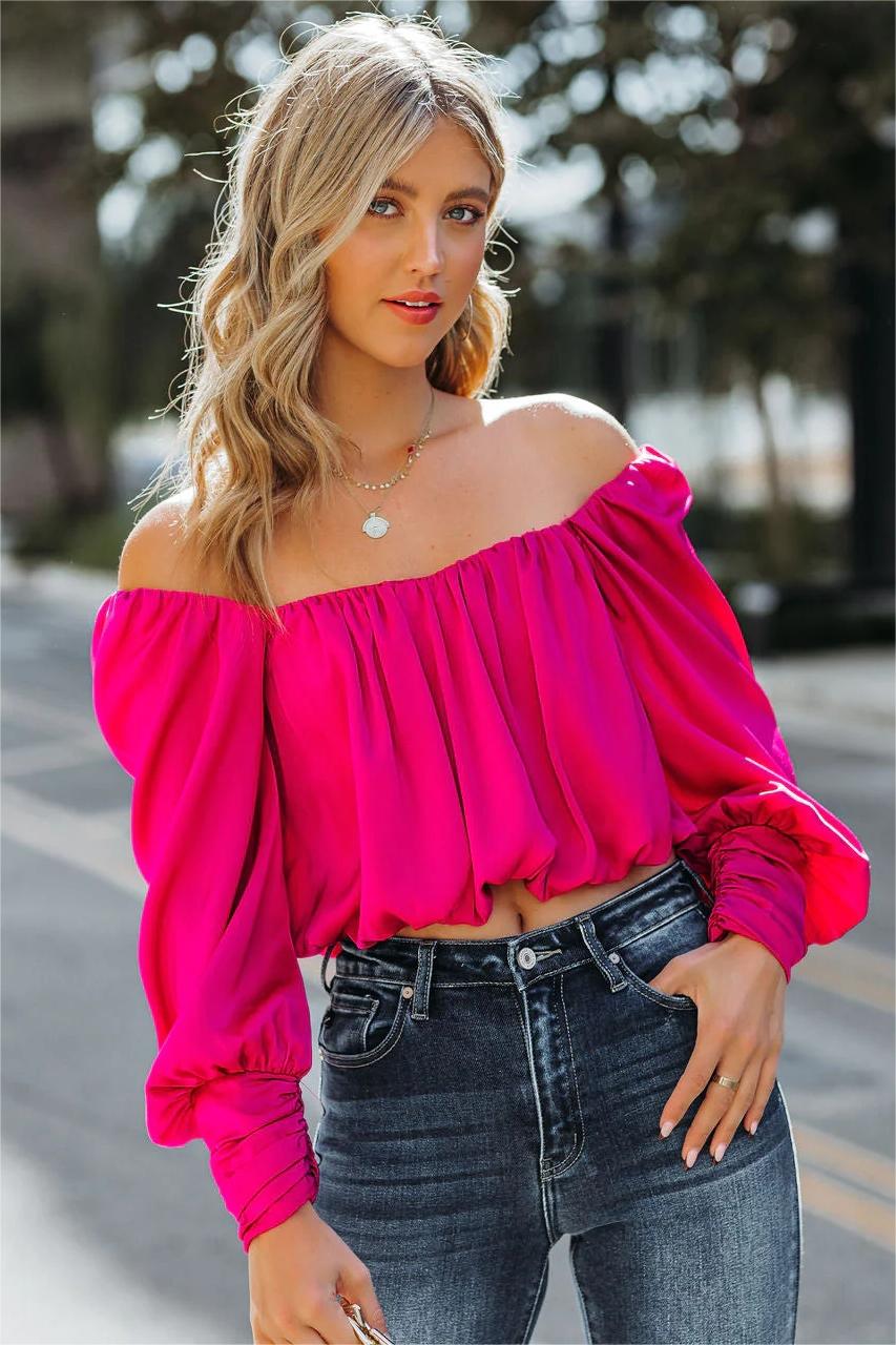 Negin Satin Billowed Crop Blouse - Magenta