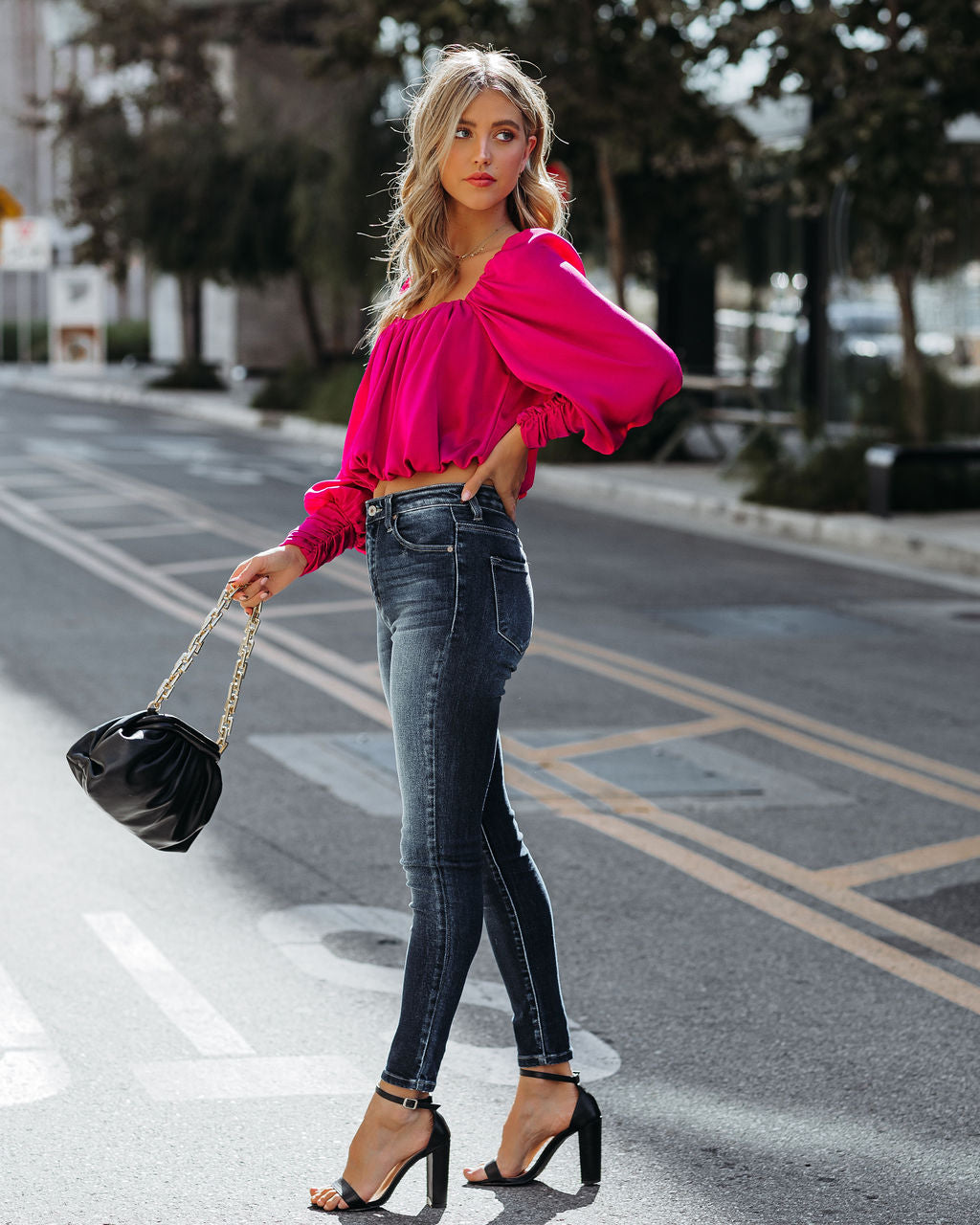 Negin Satin Billowed Crop Blouse - Magenta