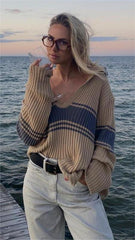 Camel Striped Ribbed Knit Sweater