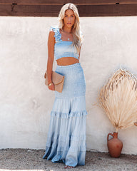 Pace Linen Blend Smocked Tiered Maxi Skirt - Light Blue