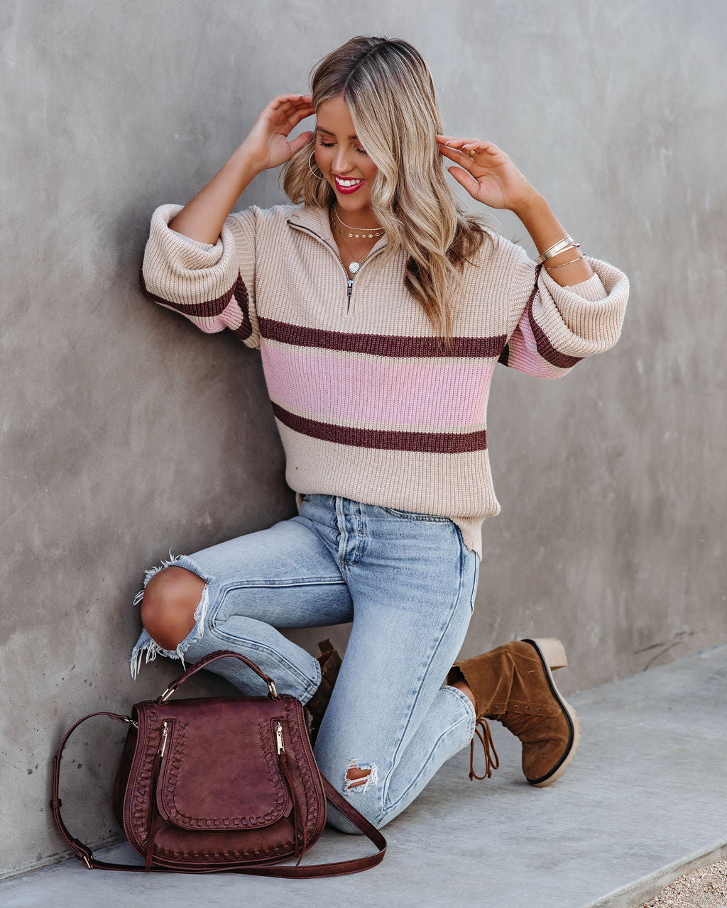 Raeya Striped Half Zip Knit Sweater - Oat - FINAL SALE