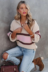 Raeya Striped Half Zip Knit Sweater - Oat - FINAL SALE