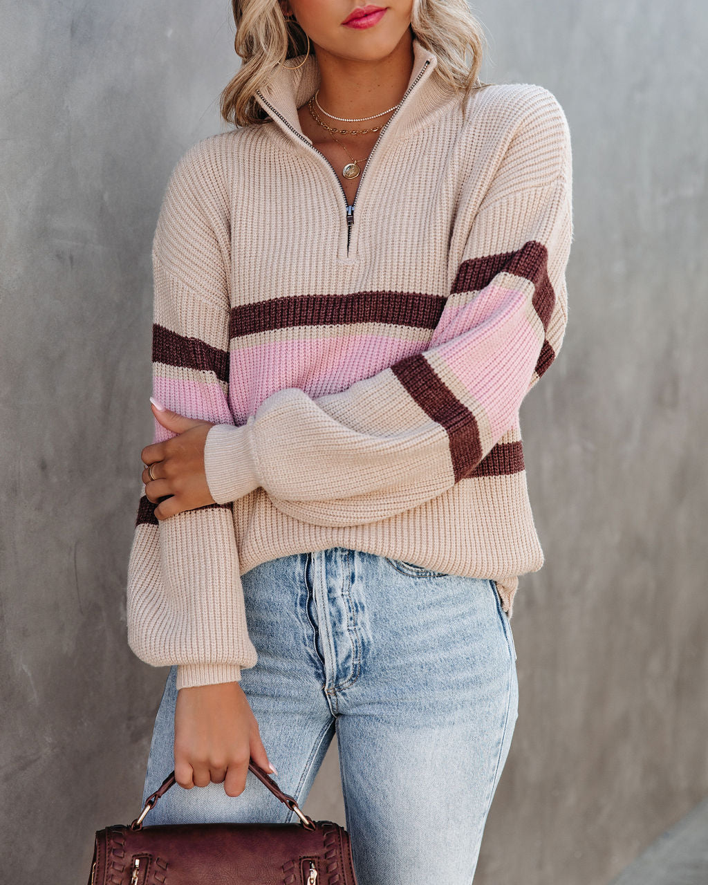 Raeya Striped Half Zip Knit Sweater - Oat - FINAL SALE