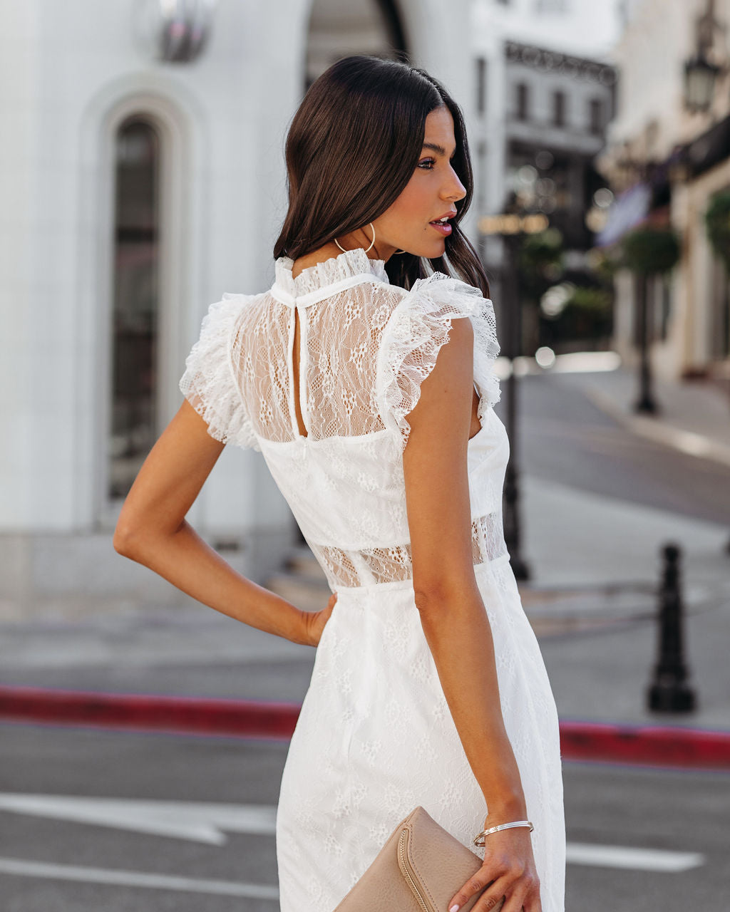 Saige Sheer Lace Midi Dress - White