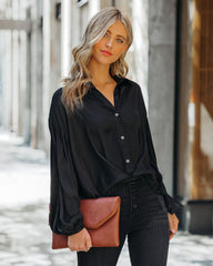 Sarah Satin Button Down Blouse - Black