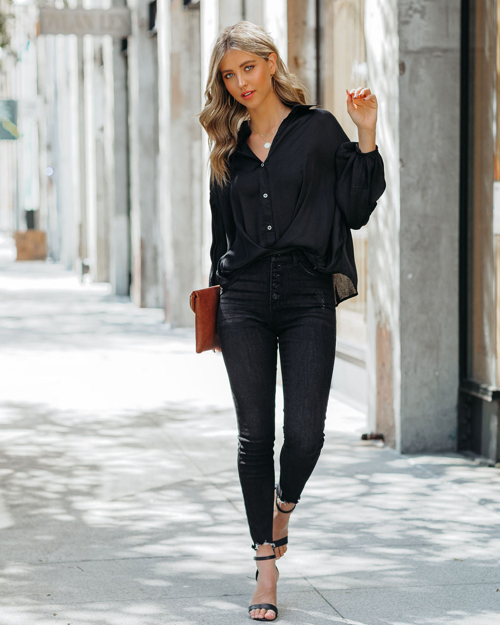 Black-Sarah Satin Button Down Blouse