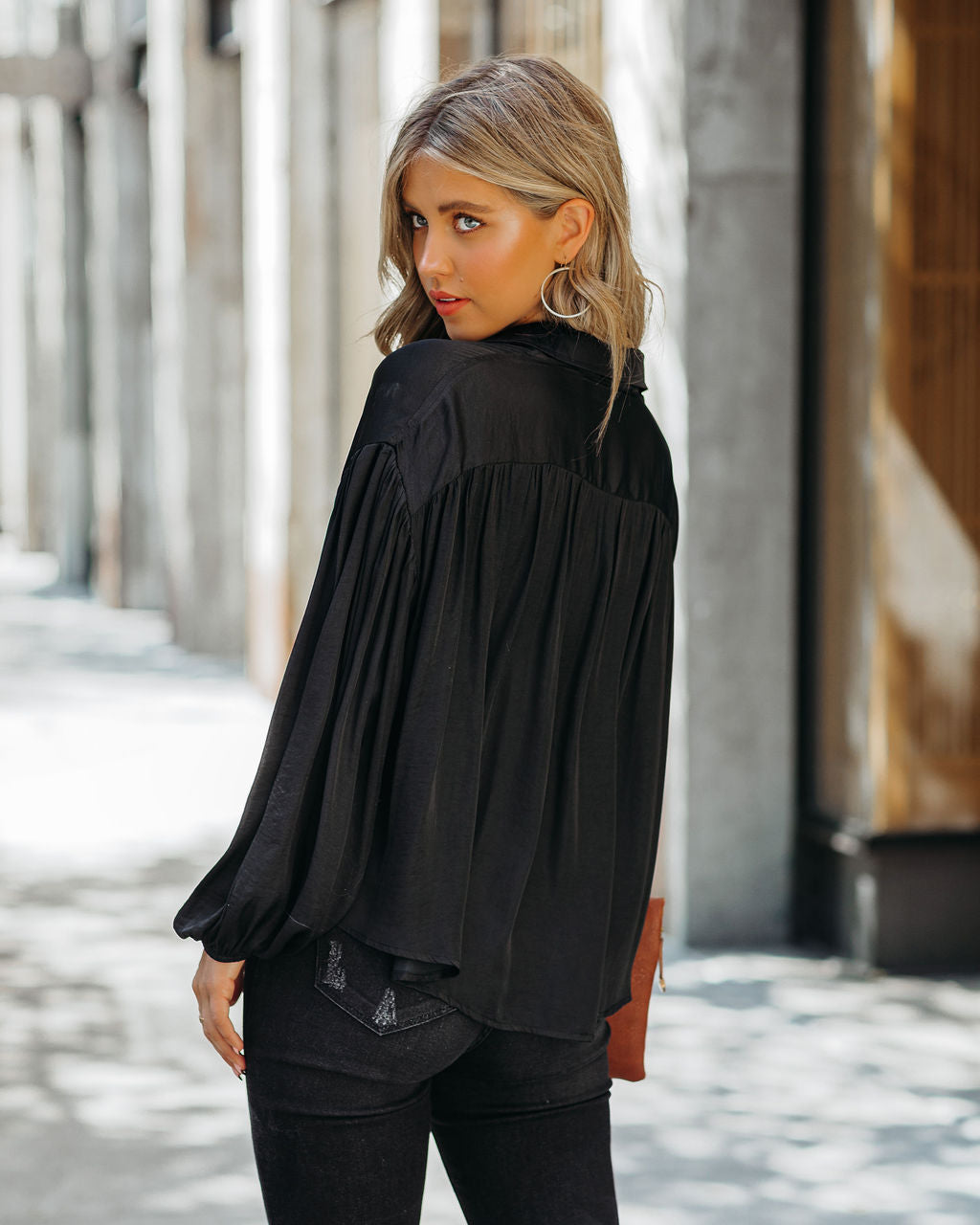 Black-Sarah Satin Button Down Blouse