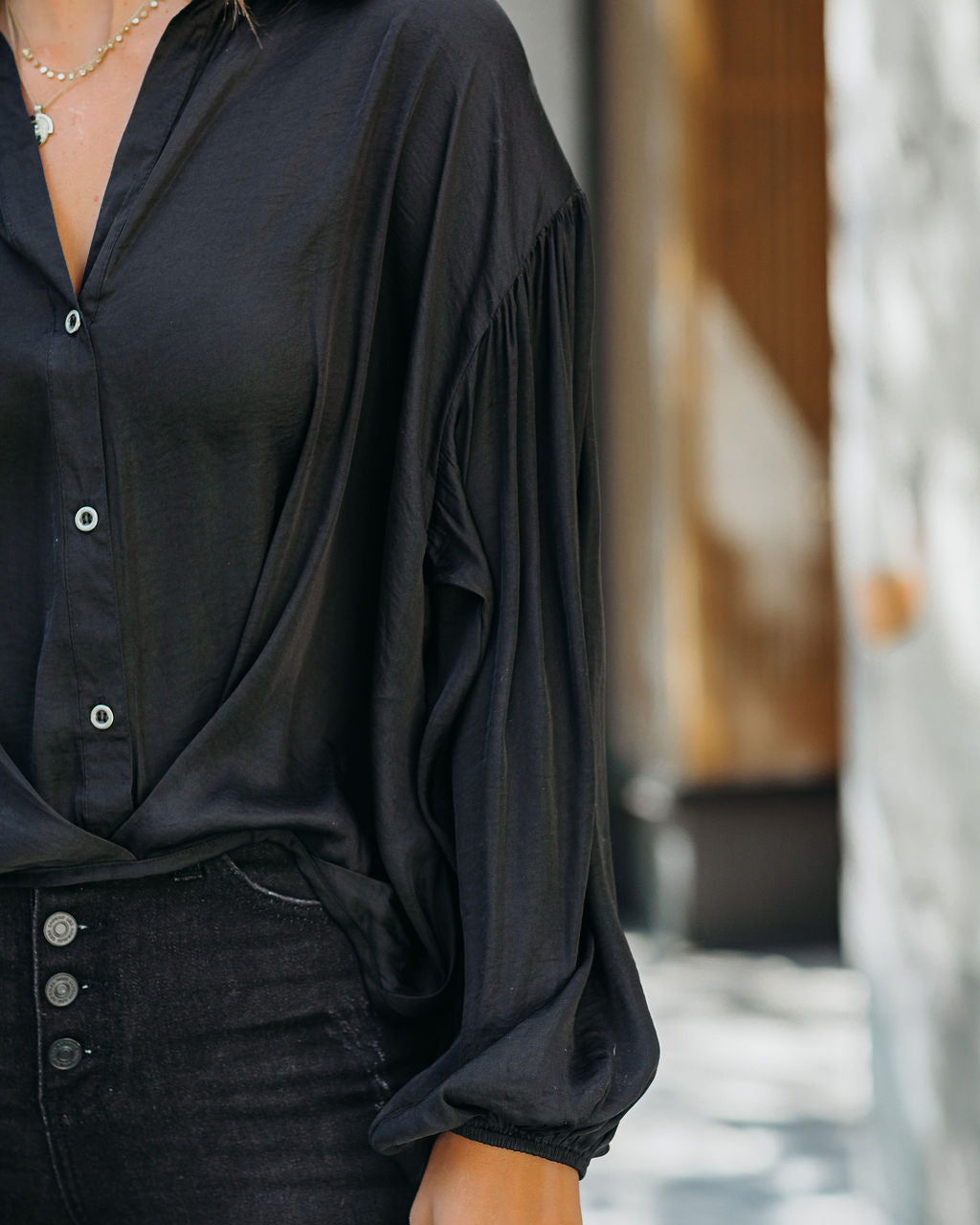 Black-Sarah Satin Button Down Blouse