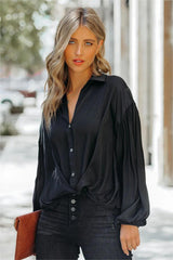 Black-Sarah Satin Button Down Blouse