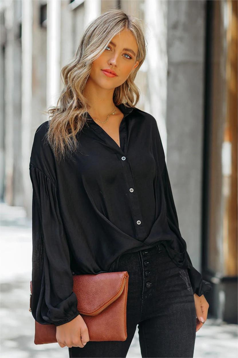 Black-Sarah Satin Button Down Blouse