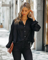 Black-Sarah Satin Button Down Blouse