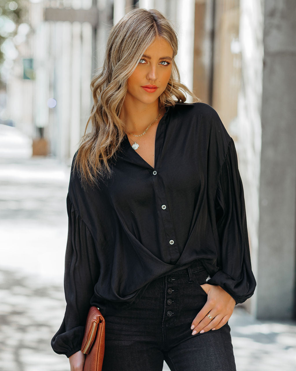 Black-Sarah Satin Button Down Blouse