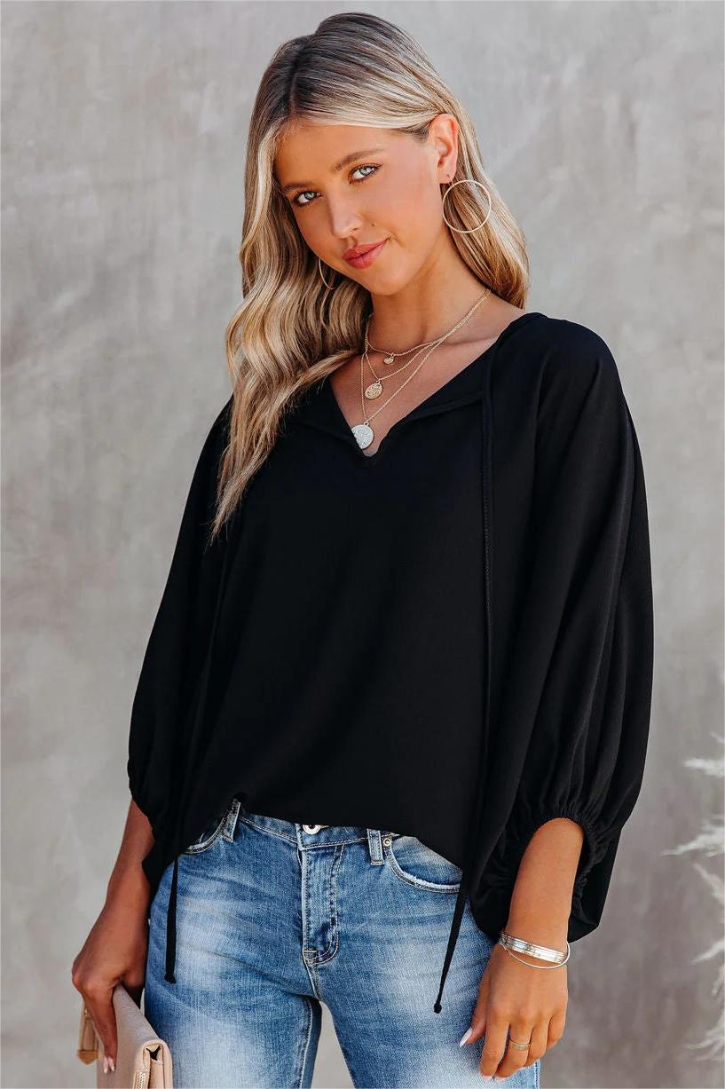 Shary Split Neck Blouse - Black