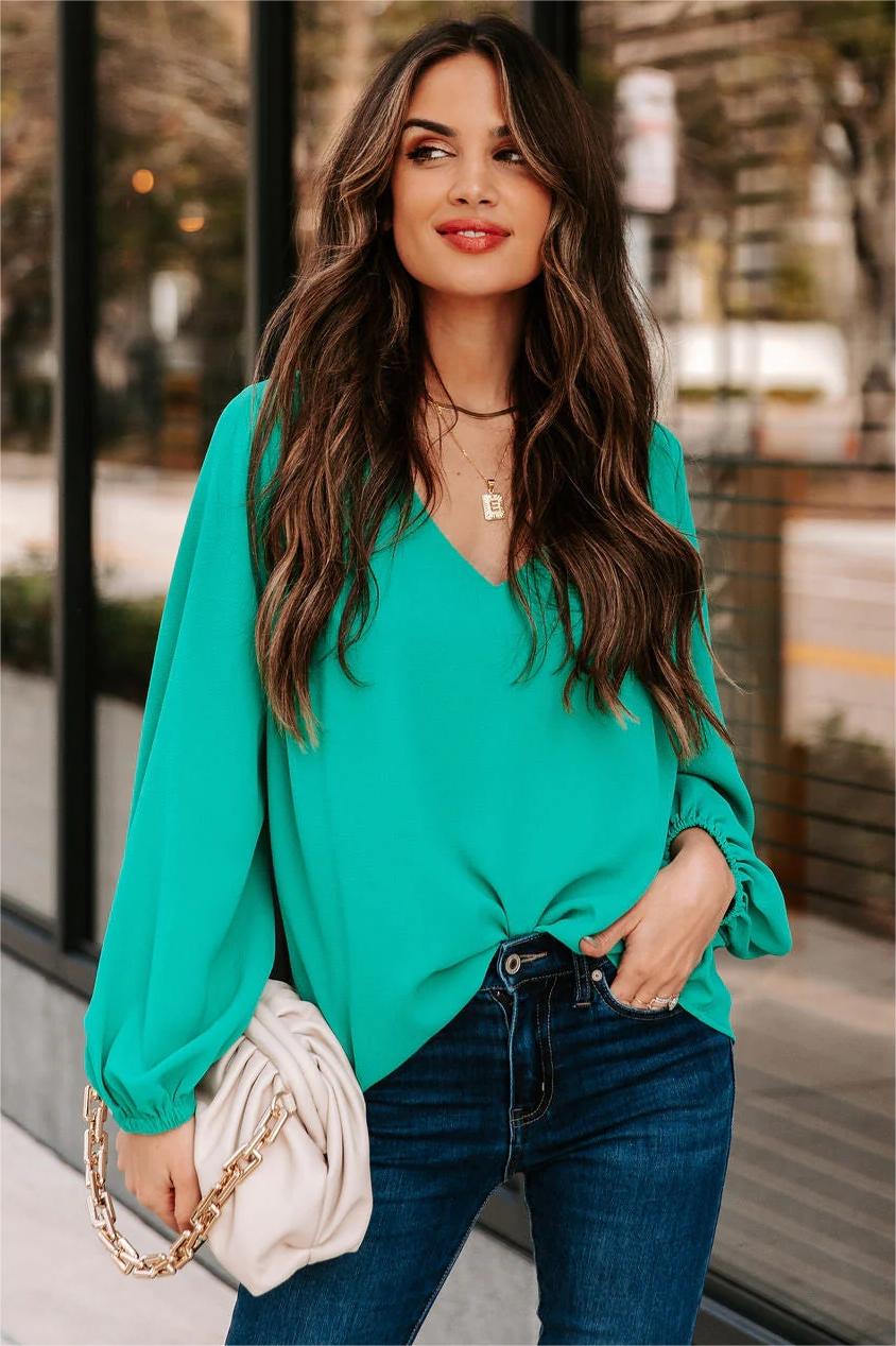 Work Life Balance V-Neck Blouse - Jade