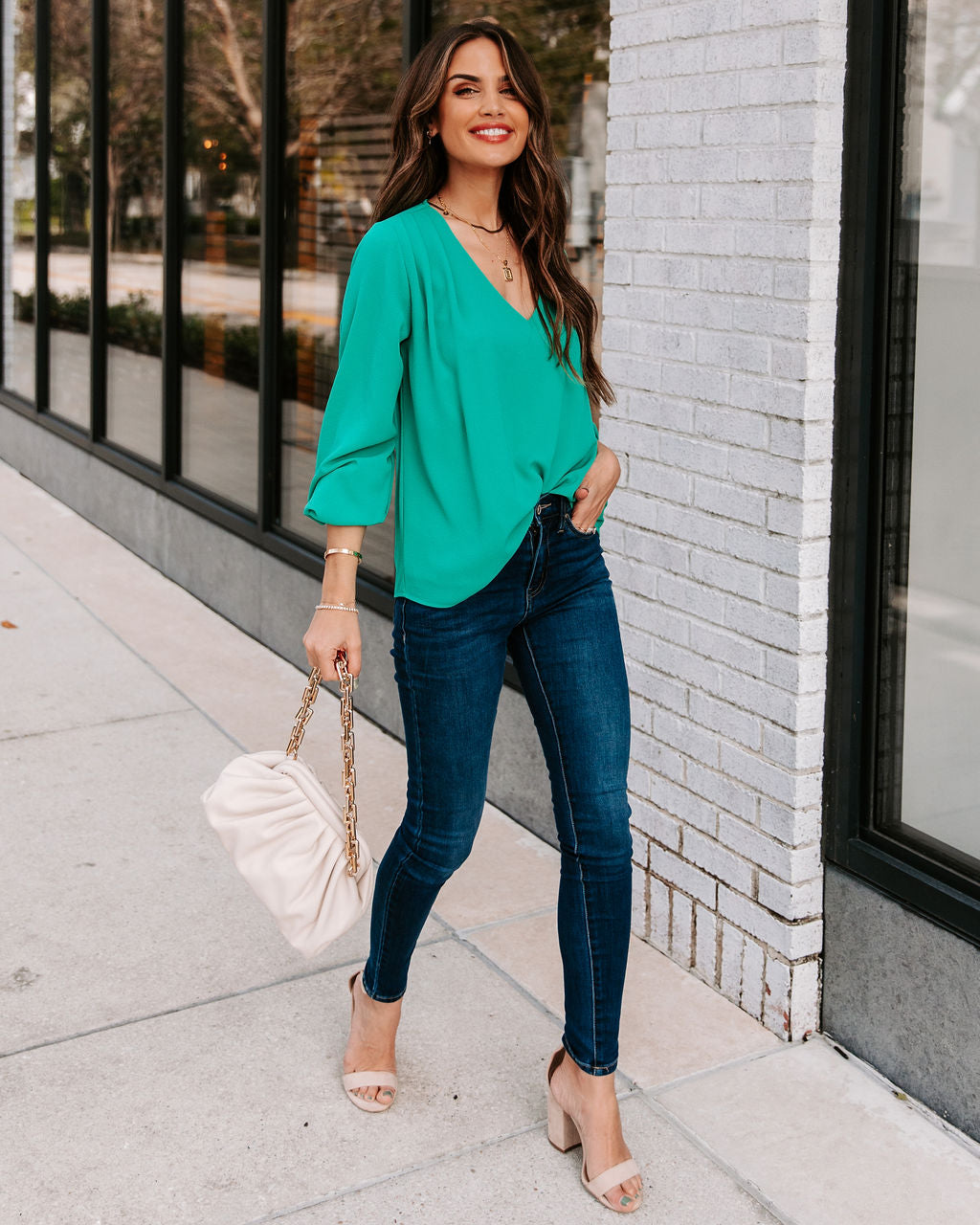 Work Life Balance V-Neck Blouse - Jade