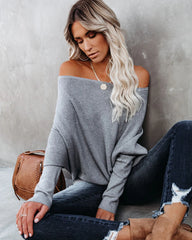 Gray Off Shoulder Ribbed Knit Sweater