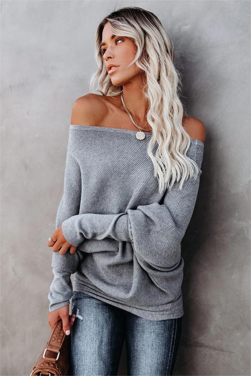 Gray Off Shoulder Ribbed Knit Sweater