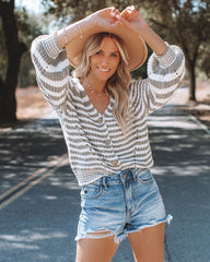 Grey Striped Print Knit Cardigan