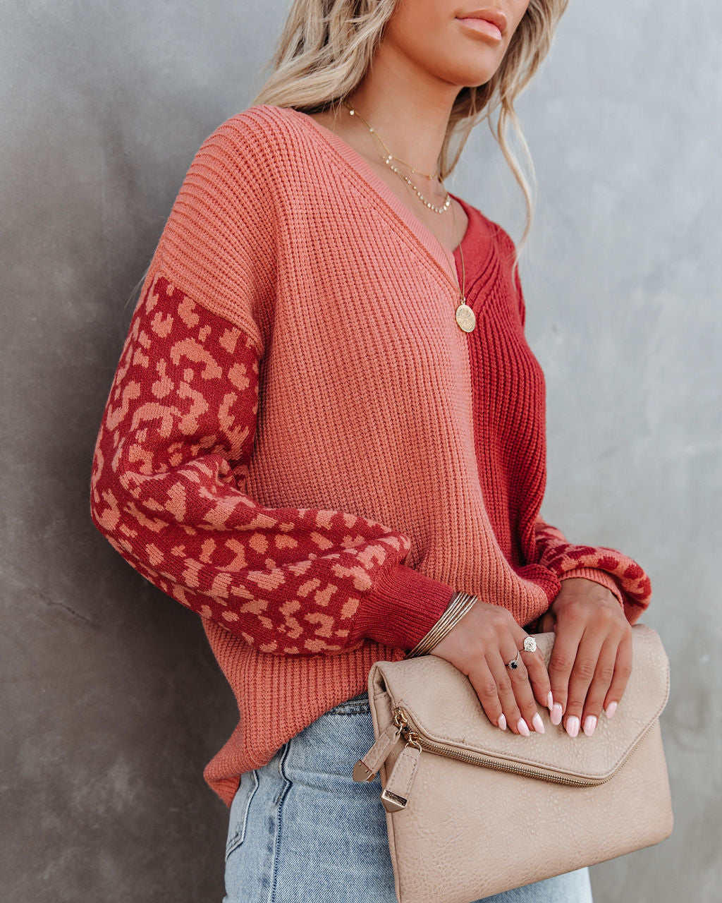 Change Of Heart Two-Tone Knit Leopard Sweater - Terracotta/ Peach - FINAL SALE