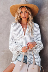 White Coachella Valley Pocketed Striped Button Down Top