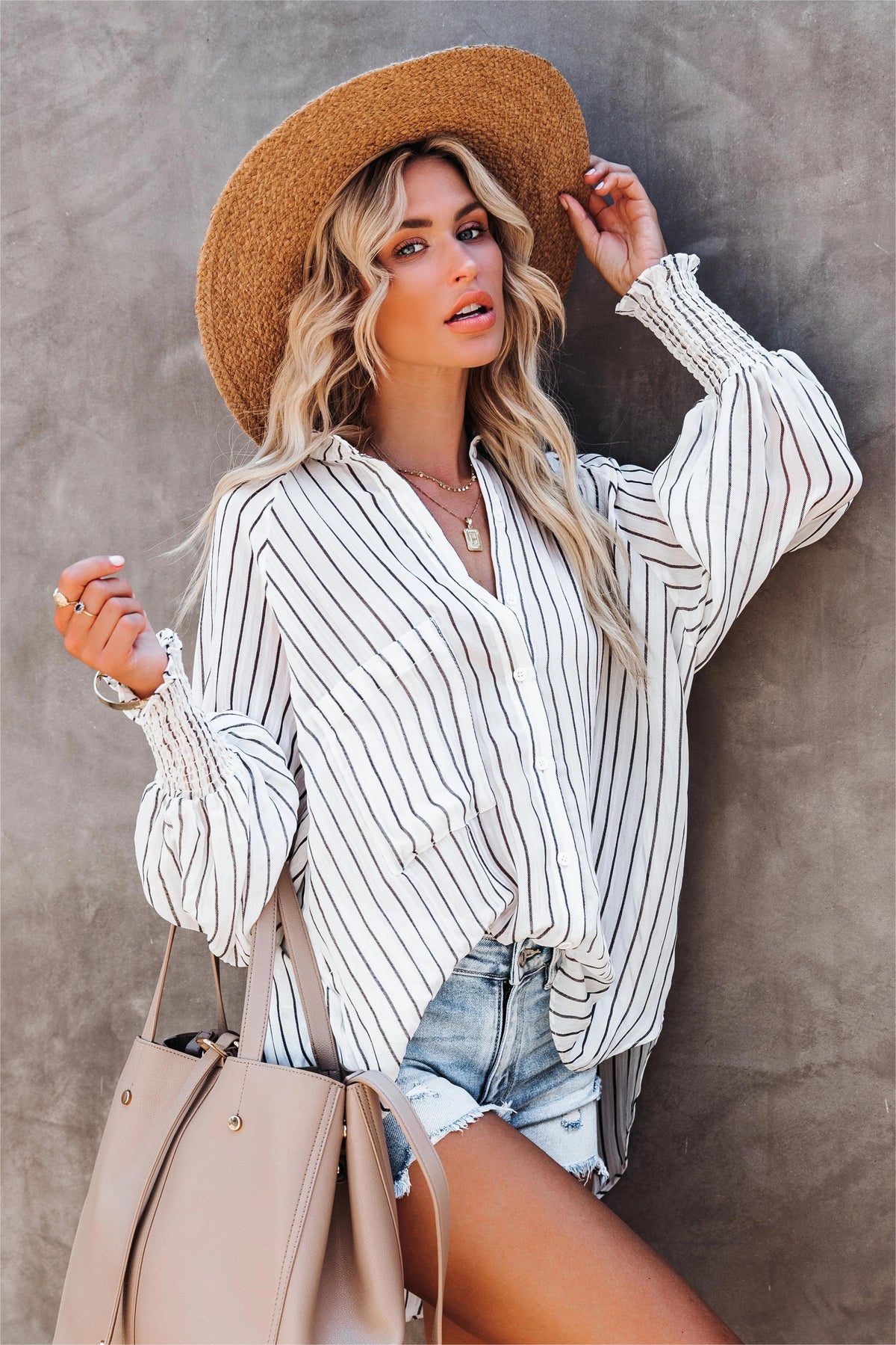 White Coachella Valley Pocketed Striped Button Down Top