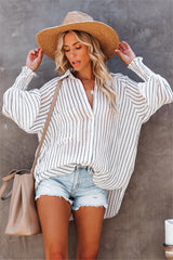 White Coachella Valley Pocketed Striped Button Down Top