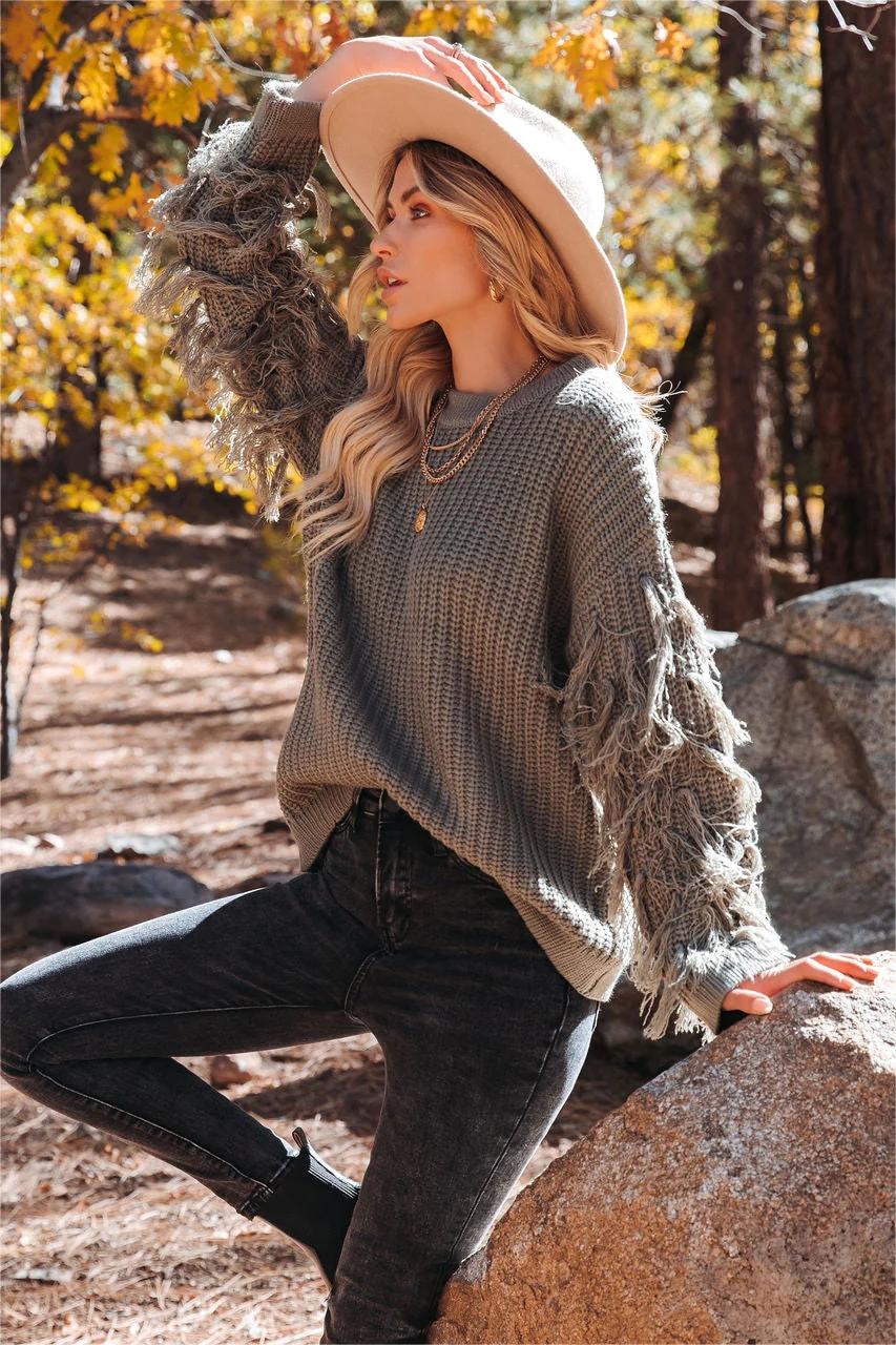 Coronado Fringe Sleeve Knit Sweater - Olive - FINAL SALE