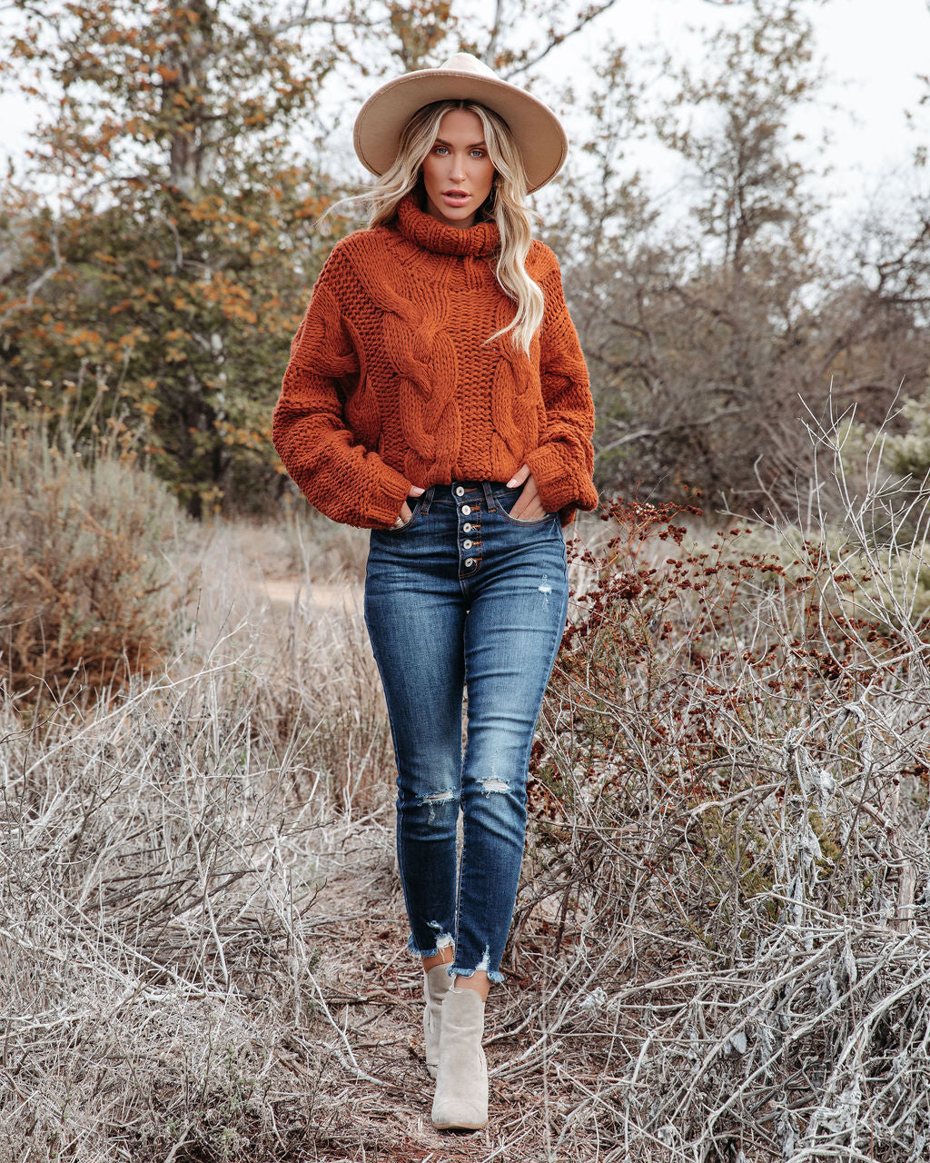 Cuddle Weather Cable Knit Handmade Turtleneck - Rust - FINAL SALE