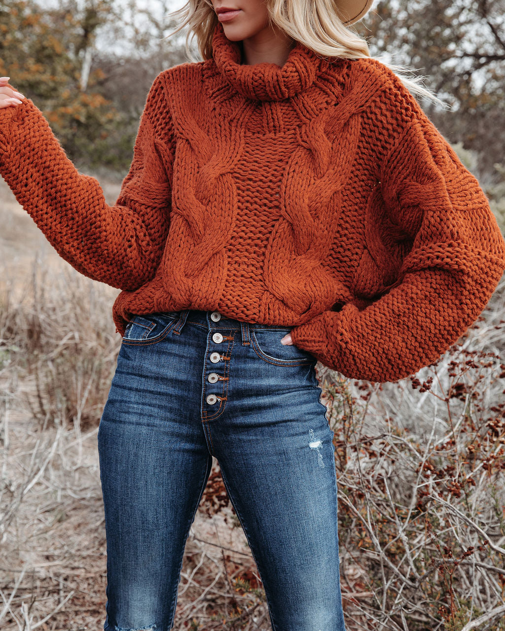 Cuddle Weather Cable Knit Handmade Turtleneck - Rust - FINAL SALE