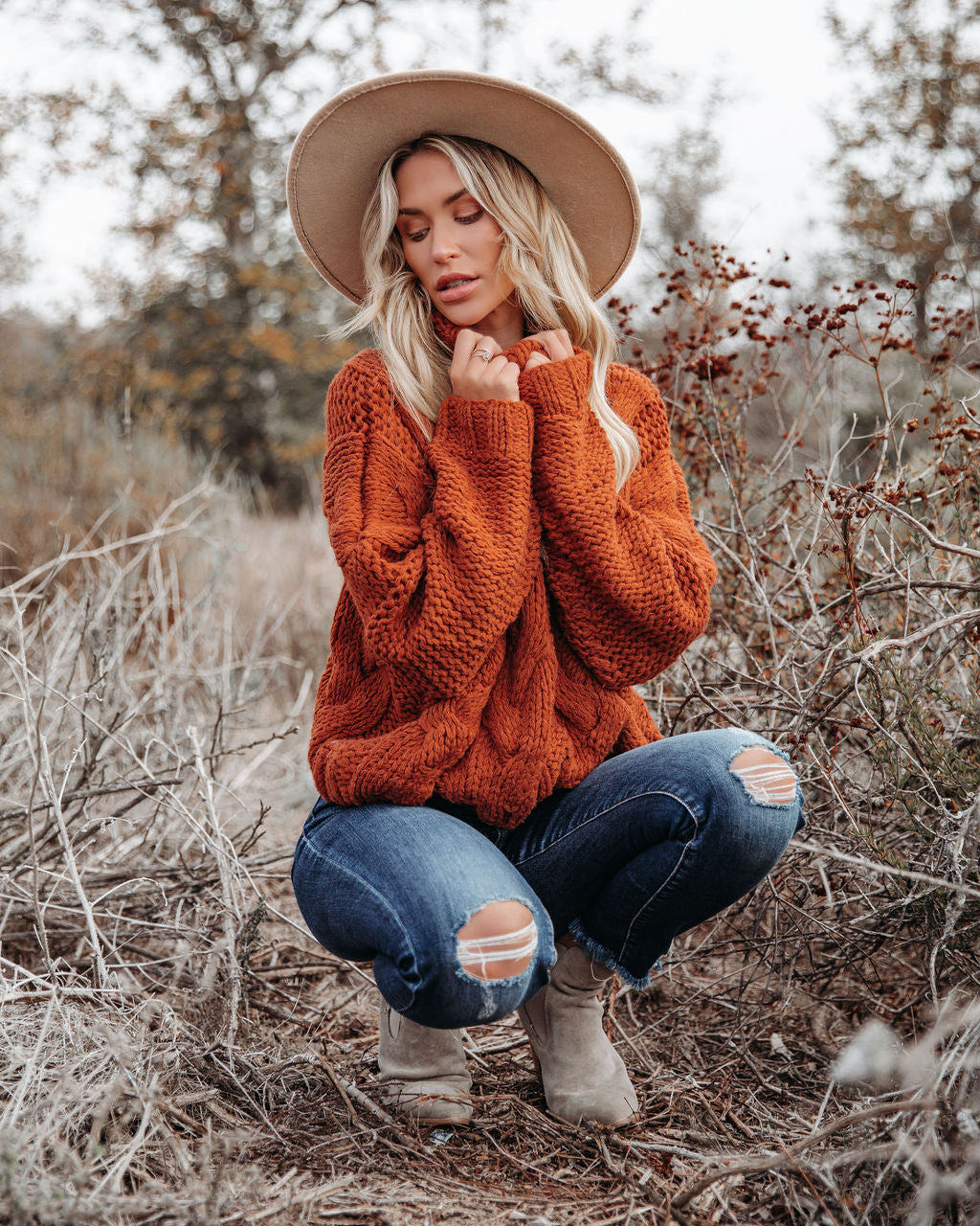 Cuddle Weather Cable Knit Handmade Turtleneck - Rust - FINAL SALE