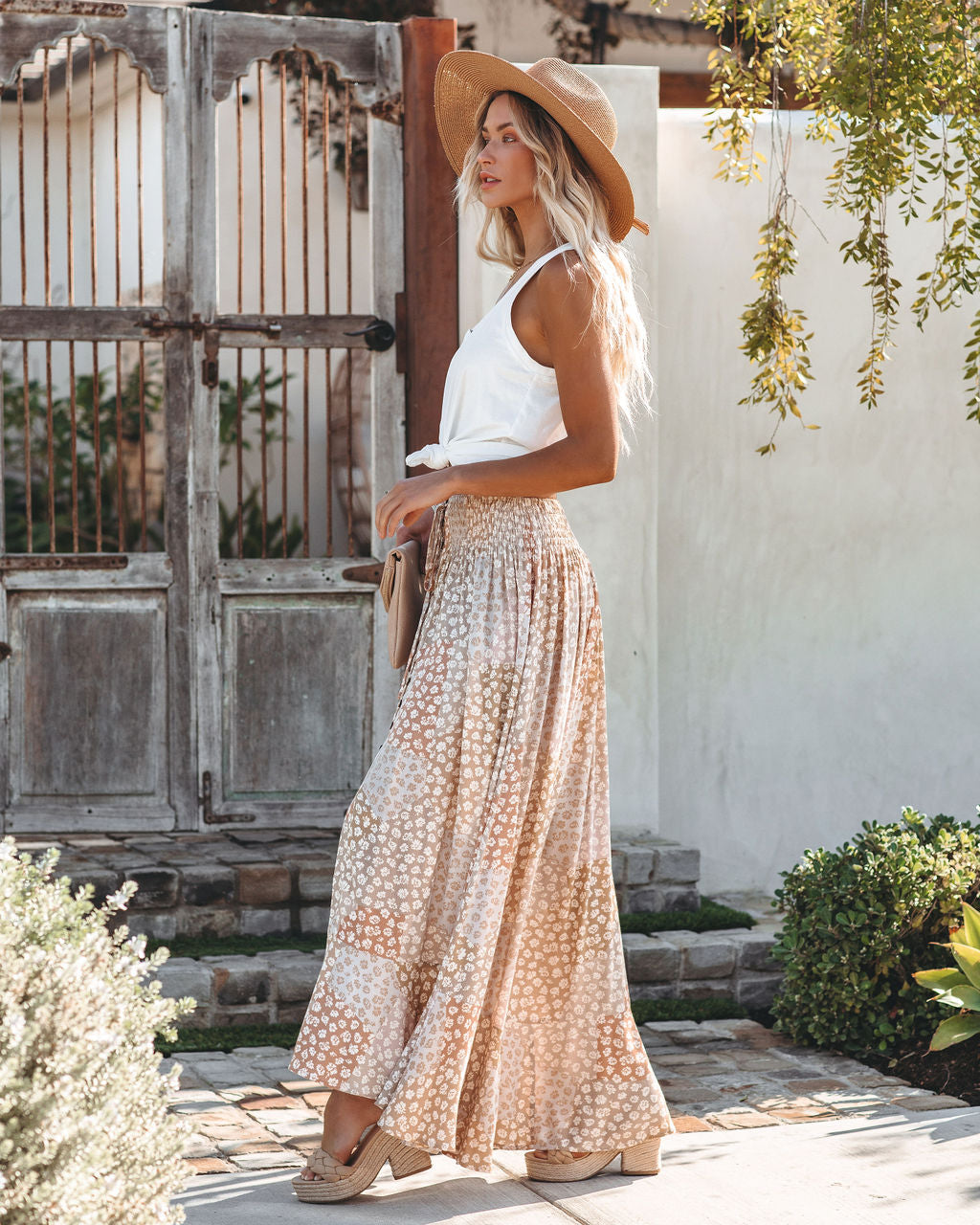 Deluca Patchwork Button Down Maxi Skirt - Sand