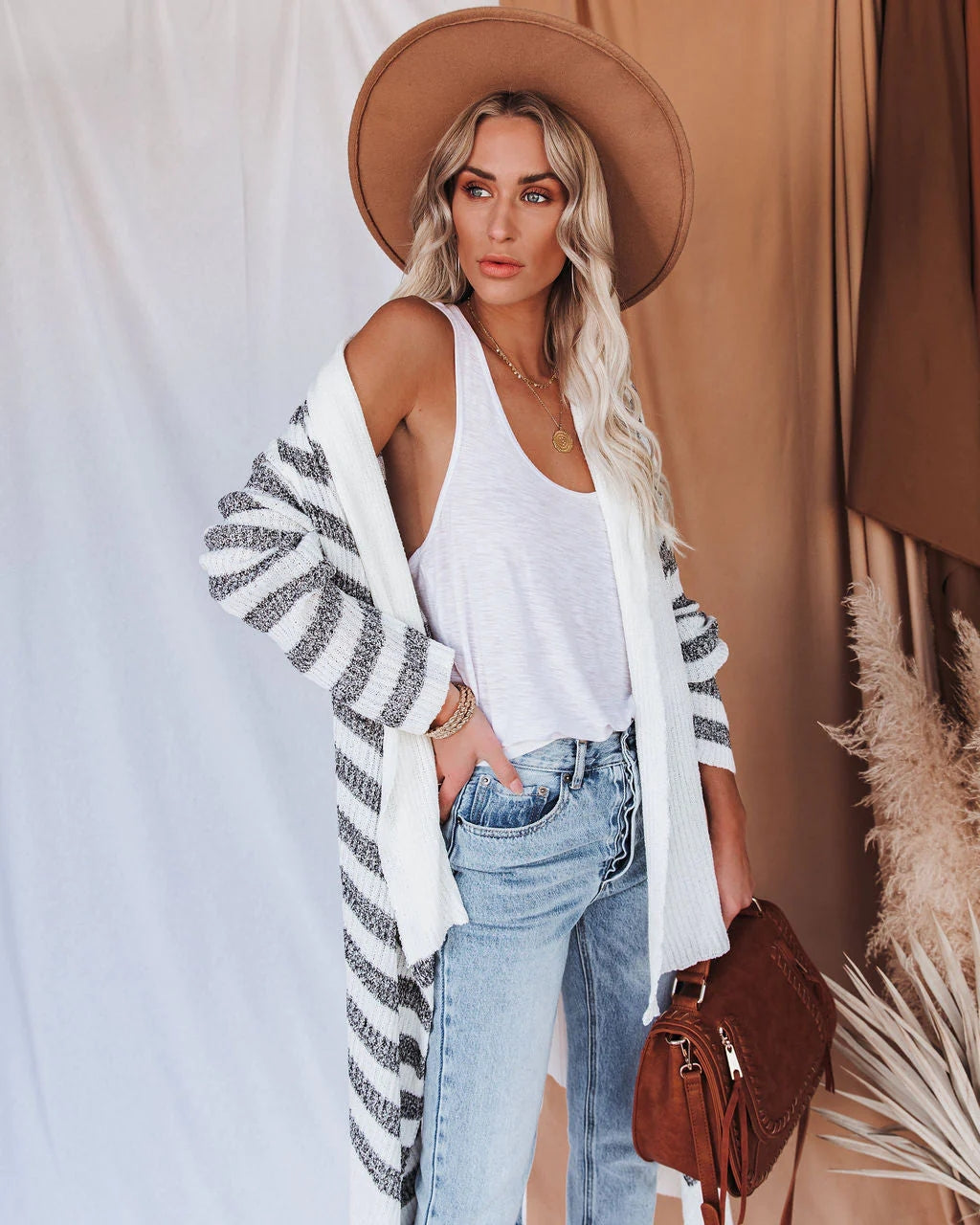 White Striped Batwing Open Front Cardigan