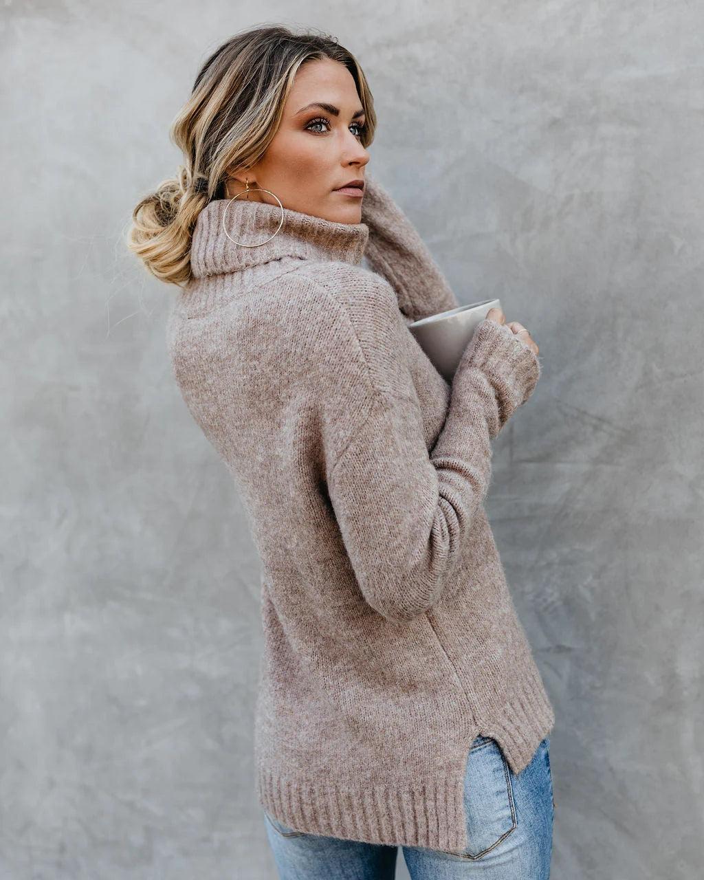 Khaki Turtleneck Knit Sweater