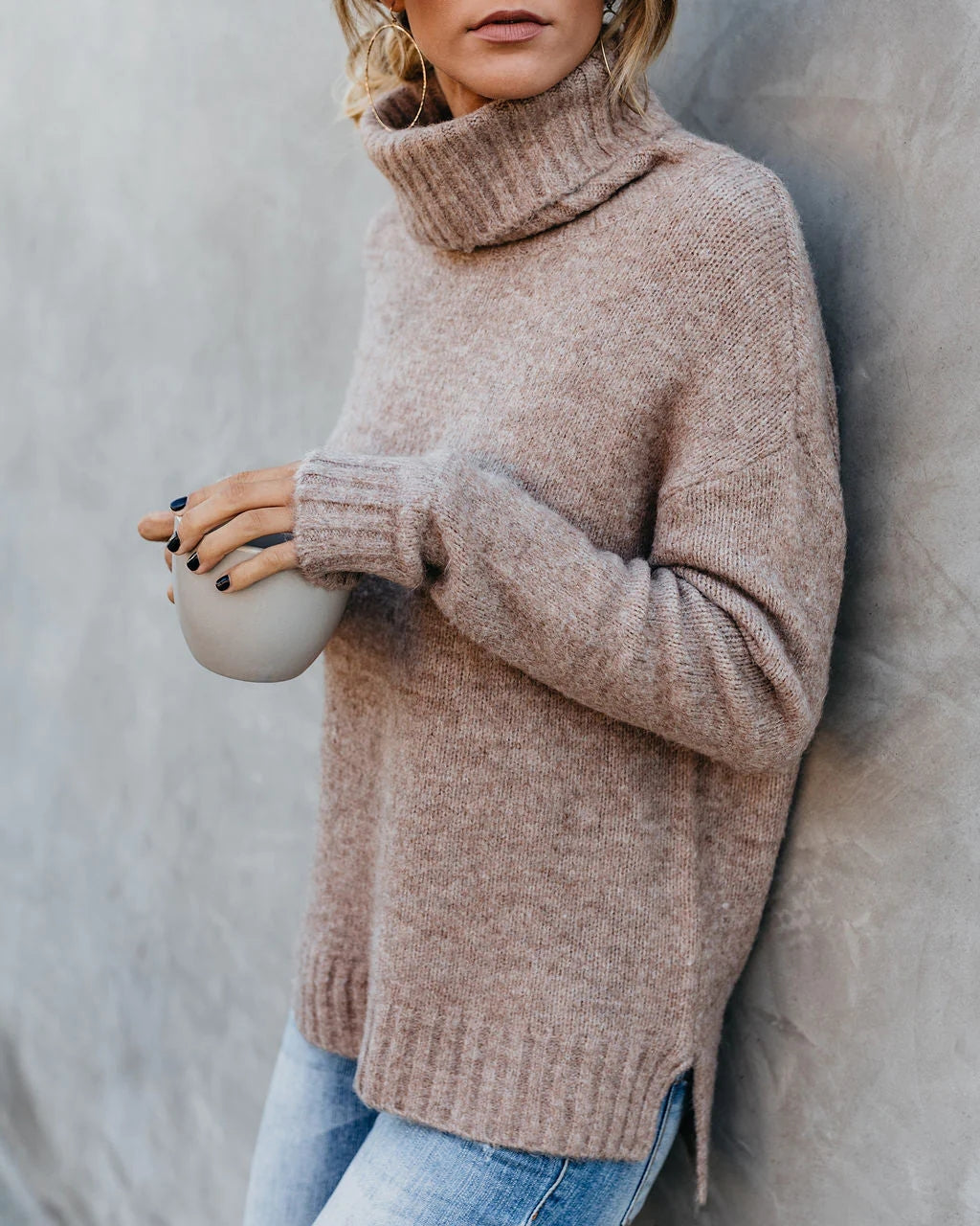 Khaki Turtleneck Knit Sweater