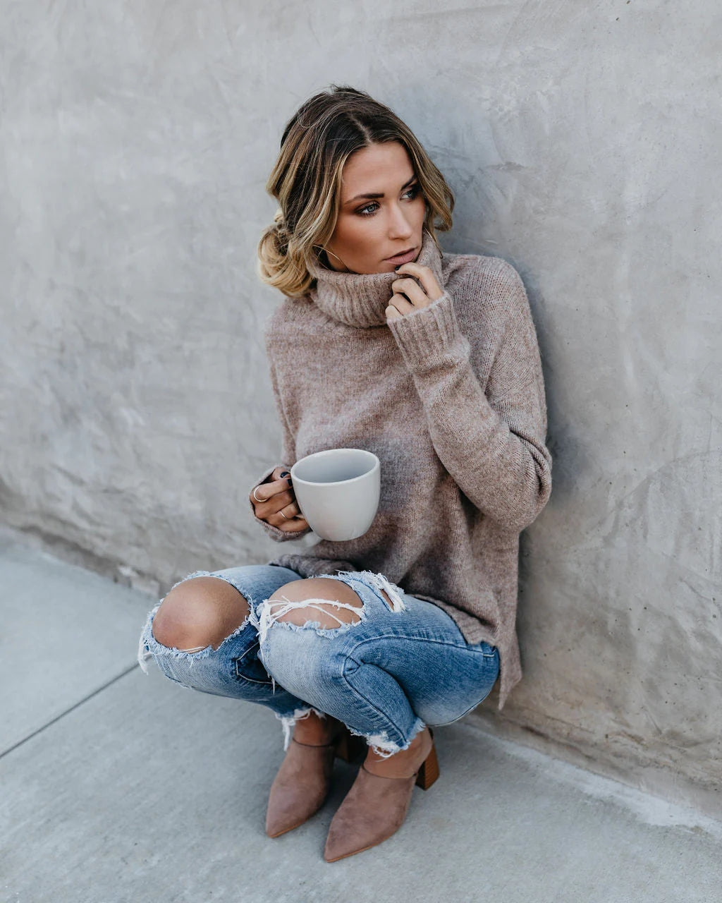 Khaki Turtleneck Knit Sweater