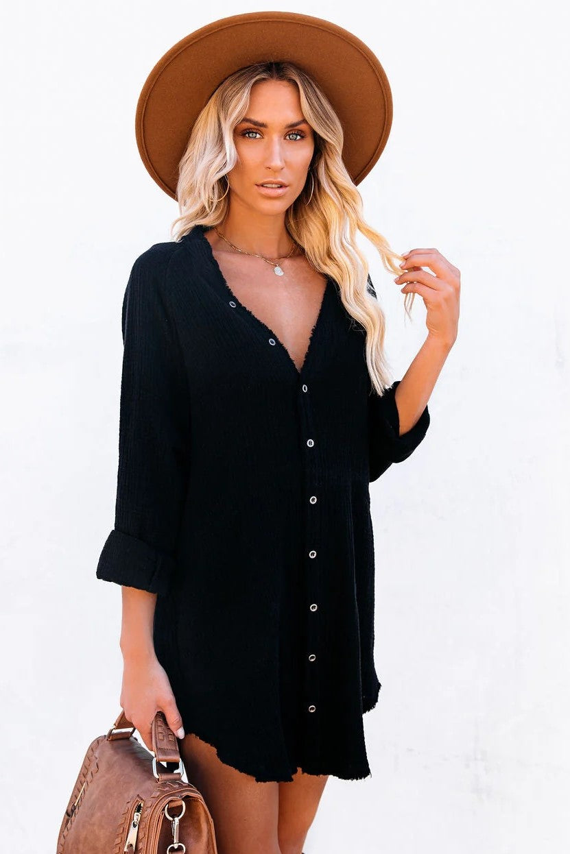 Kennedy Cotton Pocketed Button Down Tunic - Black - FINAL SALE