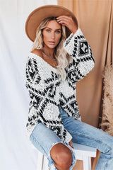 White Geo Print Knit Sweater