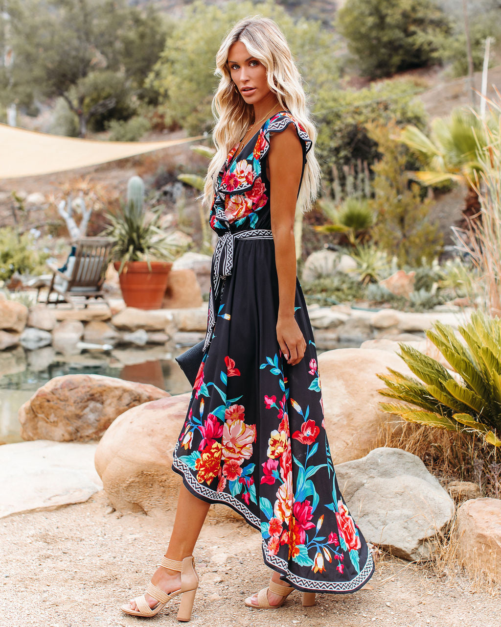 Leander Floral High Low Ruffle Maxi Dress