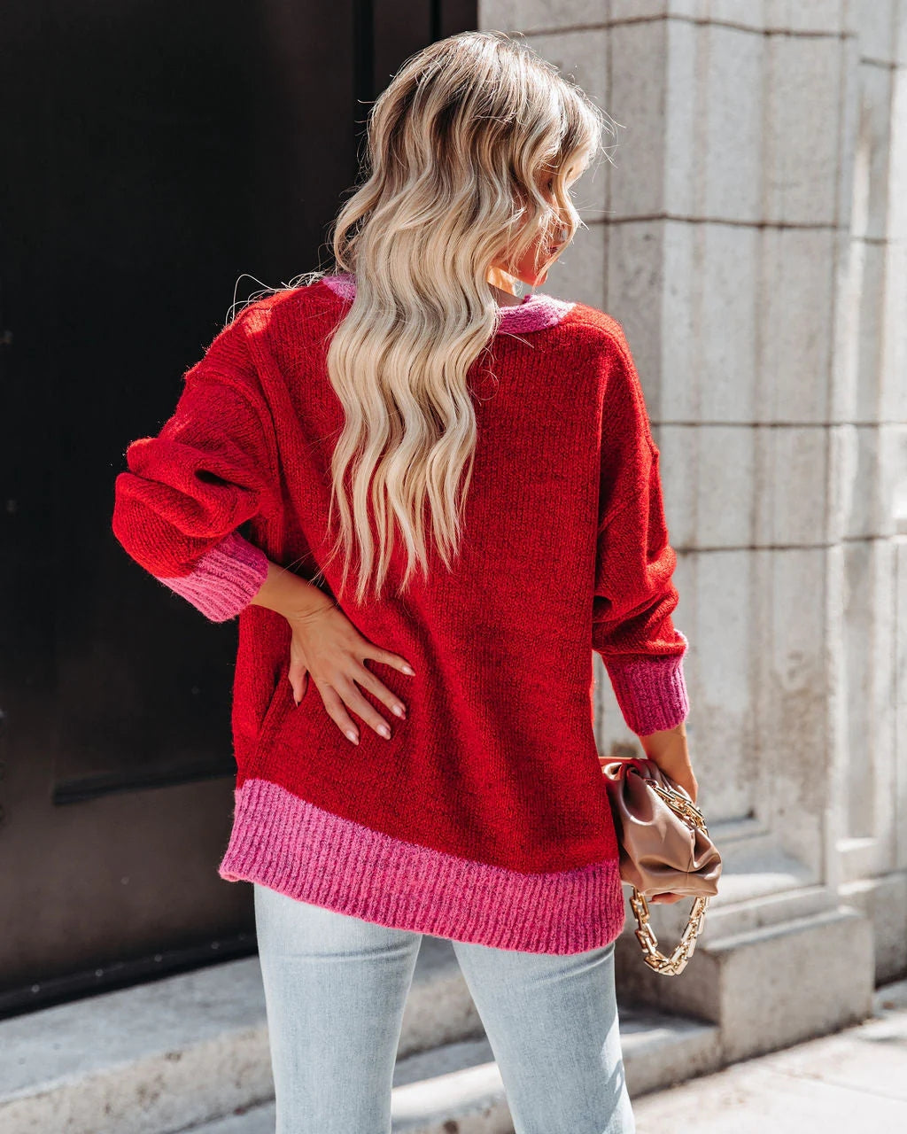 Red Contrast Edge Knit Cardigan