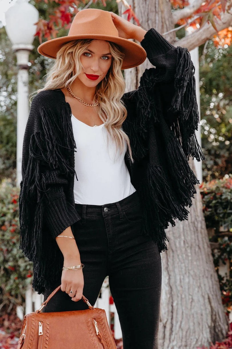 Black Tassle Open Front Cardigan